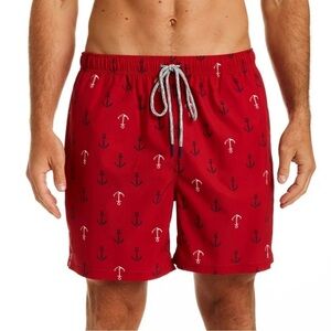 Rainforest Men's Mesh Lined Quick Drying Swim Trunk, Ships Ahoy, Ribbon Red,
